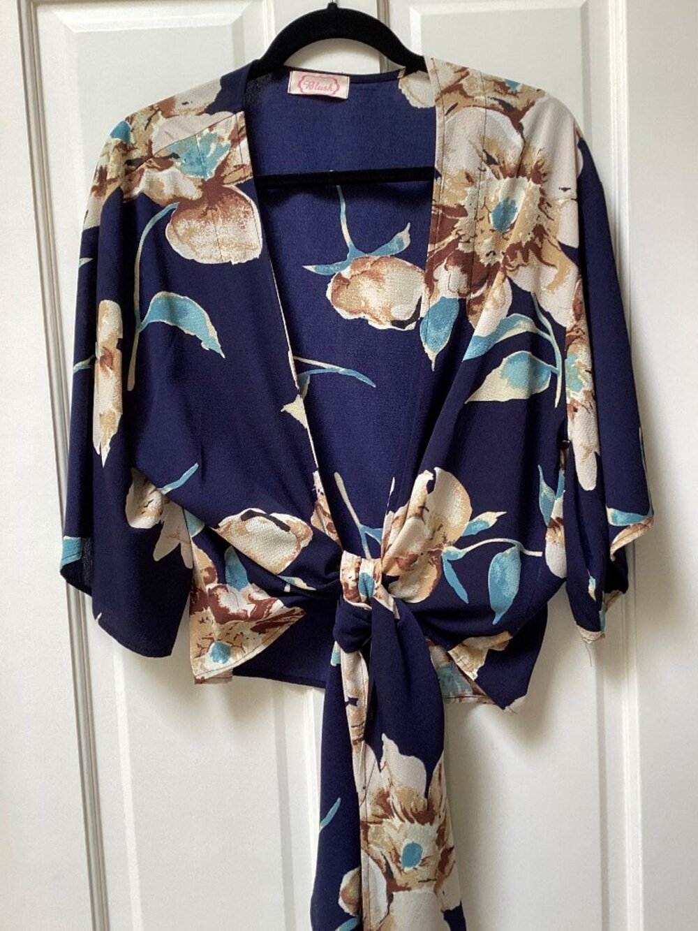 Blush navy and tan flowered shrug, cover up, kimono top, size large
